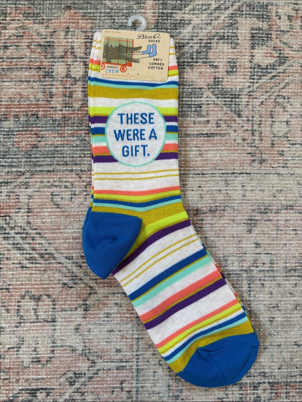 Blue Q Crew Socks - 'These Were A Gift' Stripe Pattern in Blue & Multi
